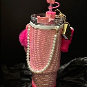Pink Rhinestone Tumbler with Pearl Handle
